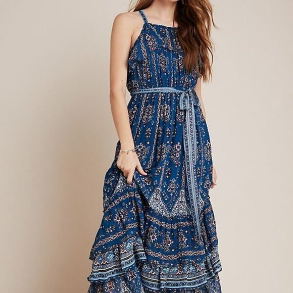 Anthropologie Boho Printed Sasha Ruffled Tiered Maxi Dress XS - Picture 1 of 6